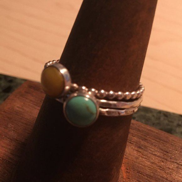Turquoise, Yellow Jasper Sterling Stacking Ring Set - Handmade & Like New - Picture 4 of 5